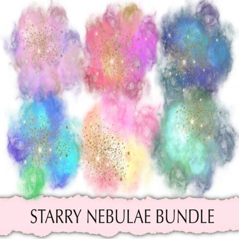 Starry Nebulae Bundle Space Clouds with Gold Glitter Clipart cover image.