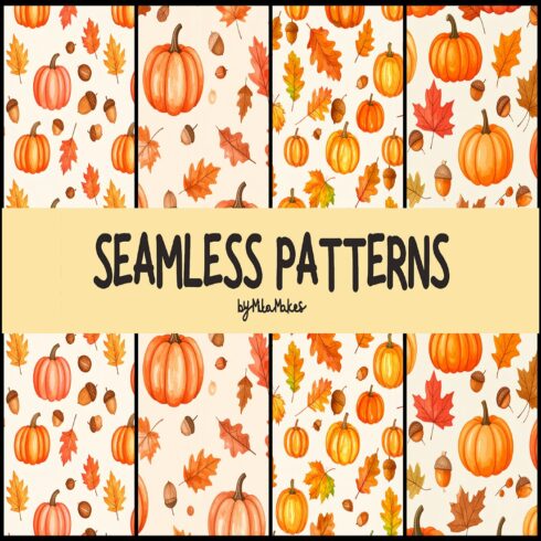 Watercolor Pumpkin and Autumn Leaves Seamless Patterns cover image.