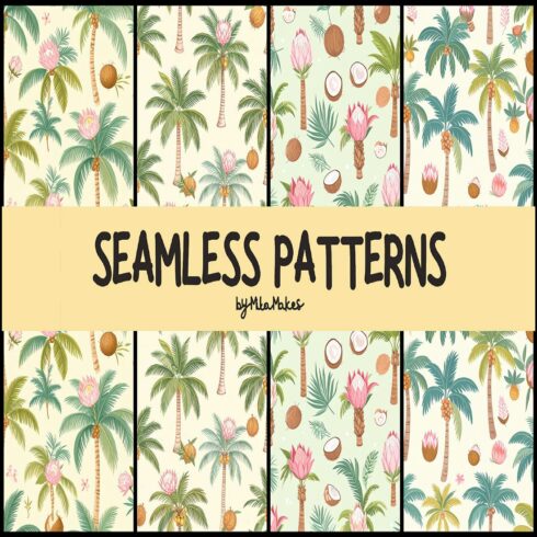 Tropical Palm Coconuts and Protea Seamless Pattern cover image.