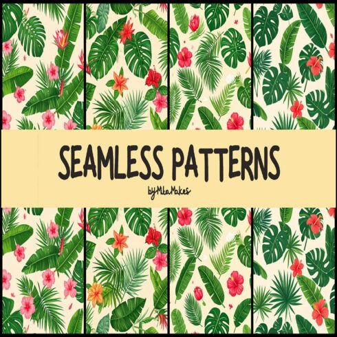 Tropical Hibiscus and Palm Leaves Seamless Pattern cover image.