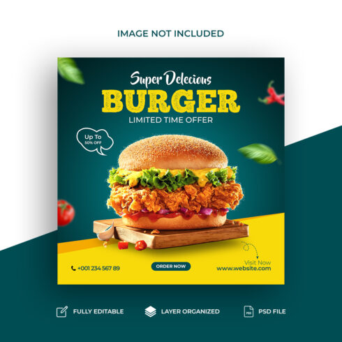 Burger social media post design template cover image.