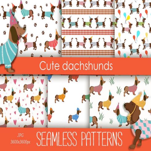 Set of seamless patterns with cute dachshunds cover image.