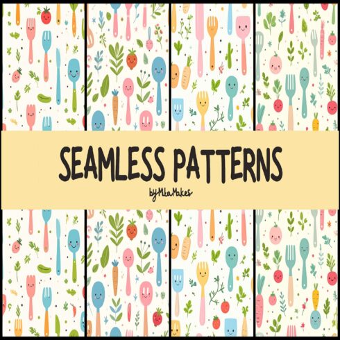 Cute Kitchen Utensils and Veggies Seamless Pattern cover image.