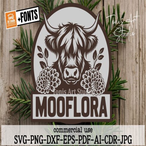 Highland Cow Floral Name Sign SVG Laser Cut File cover image.