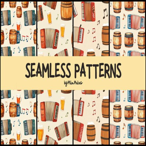 Oktoberfest Accordion Beer Barrel Seamless Pattern cover image.