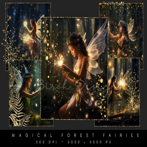 Magical Forest Fairies at Night Set of 5 PNG Designs cover image.