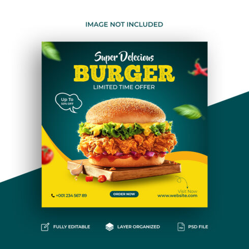 Burger social media post design template cover image.