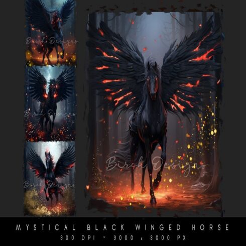 Mystical Black Winged Horse Design, Gothic Forest Creature cover image.