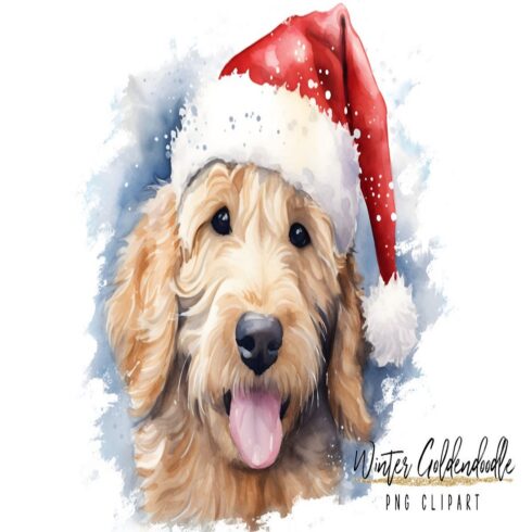 Festive Winter Goldendoodle Dog With Santa Hat Design cover image.
