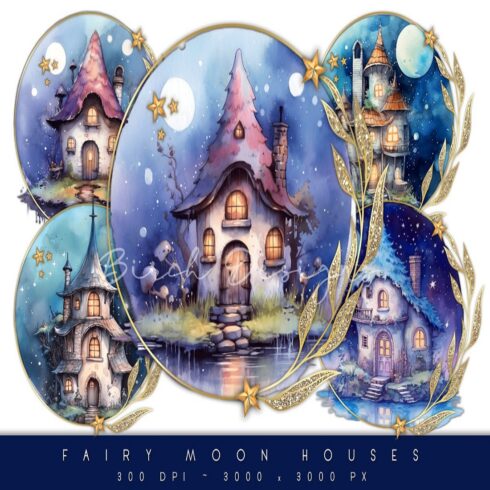 Fairy Moon Houses at Night - Set of 5 PNG Designs cover image.