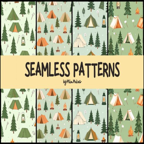 Whimsical Camping Adventure Seamless Patterns cover image.