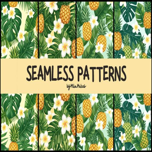 Tropical Pineapple and Plumeria Seamless Patterns cover image.