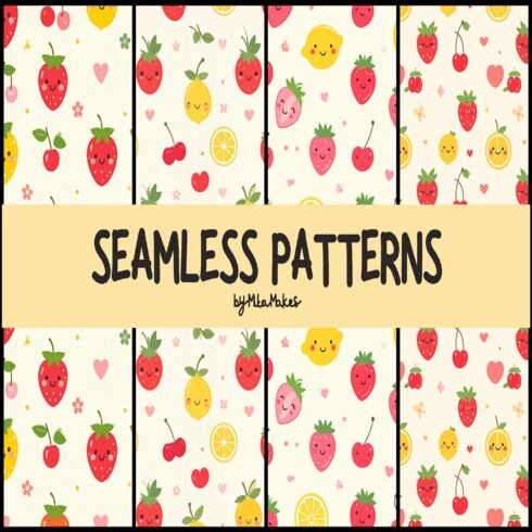 Cute Kawaii Fruit Faces Seamless Patterns cover image.