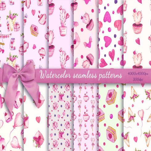 Watercolor romantic seamless patterns cover image.