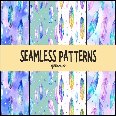 Watercolor Feathers and Crystals Seamless Patterns cover image.
