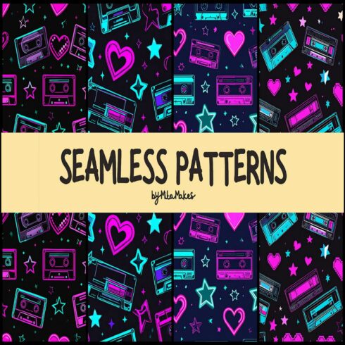 Neon Retro Cassette Tapes and Stars Patterns cover image.