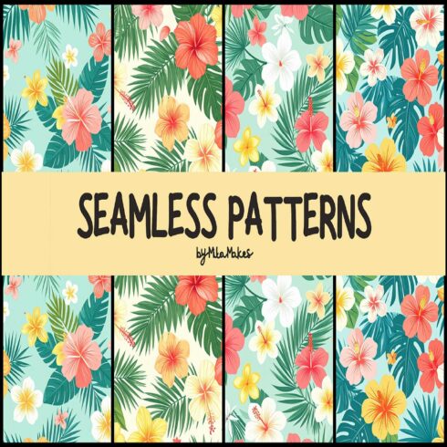 Tropical Hibiscus and Palm Leaves Seamless Pattern cover image.