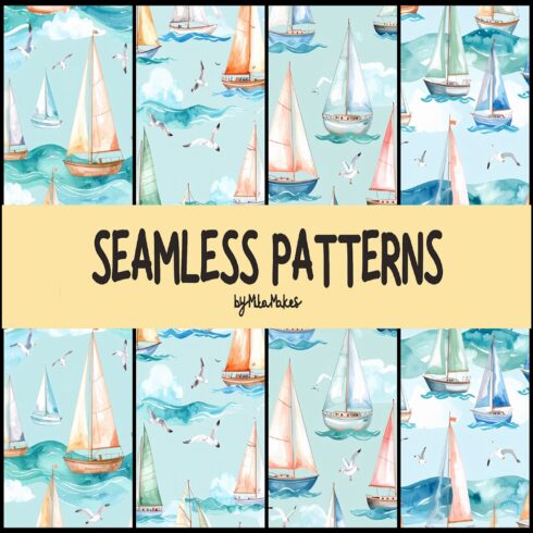 Watercolor Sailboats and Seagulls Seamless Pattern cover image.