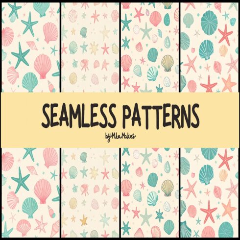 Hand-Drawn Pastel Seashells and Starfish Seamless Patterns cover image.