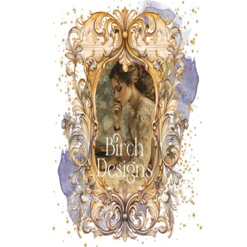 Vintage Girl Reading a Book PNG Ornate Gold Frame cover image.