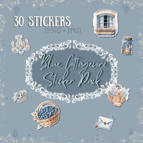 Fairytale Blue Cottagecore Sticker Set – 30 Whimsical PNGs | 300 DPI | Printable Stickers for Planners, Journals & Scrapbooks cover image.