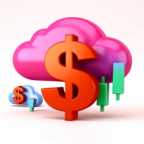 Vibrant Abstract Illustration with Clouds, Dollar Symbols, and Financial Bar Graphs cover image.