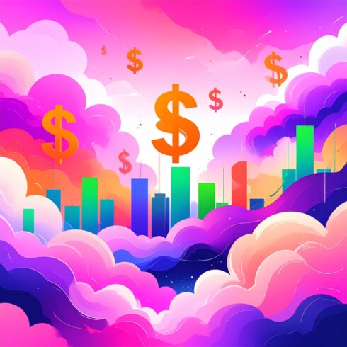 Abstract colorful graphic with clouds, dollar signs, and bar charts cover image.