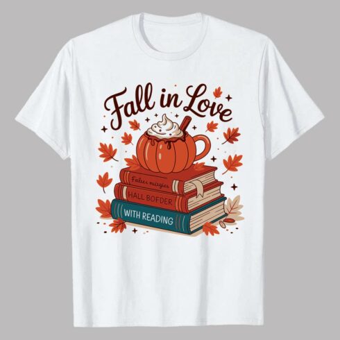 Pumpkin spice latte on books with fall leaves autumn Fall/ Autumn EPS PNG T shirt Design cover image.