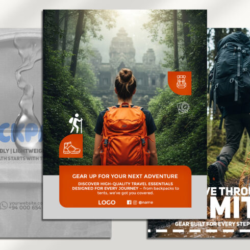 Adventure Backpack Promo Banner Set — 4 Editable PSD Templates cover image.