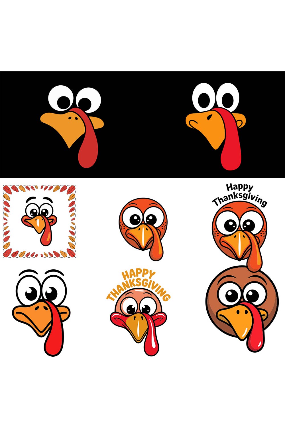 Cartoon turkey faces and thanksgiving greetings eyes Fall/ Autumn EPS PNG T shirt Design pinterest preview image.