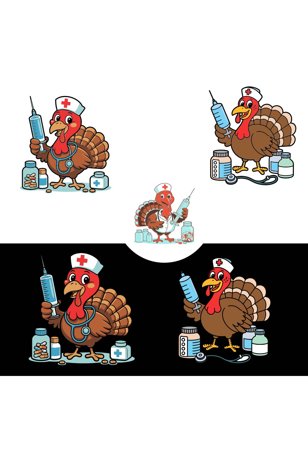 Cartoon turkey nurse holding syringe with medicine bottles Fall/ Autumn EPS PNG T shirt Design pinterest preview image.