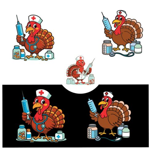 Cartoon turkey nurse holding syringe with medicine bottles Fall/ Autumn EPS PNG T shirt Design cover image.