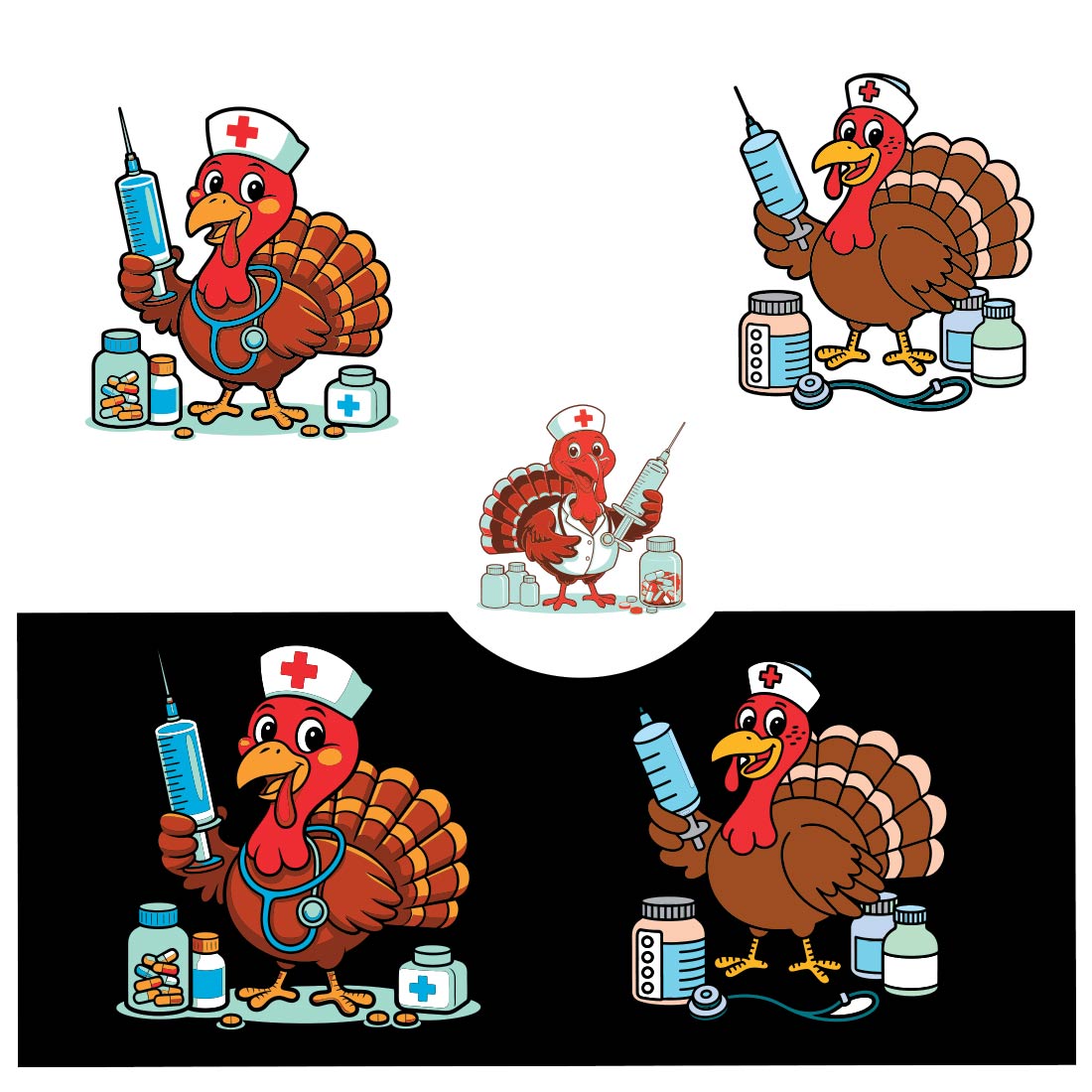 Cartoon turkey nurse holding syringe with medicine bottles Fall/ Autumn EPS PNG T shirt Design cover image.