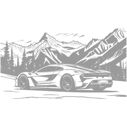 Black and white vector style illustration of a car, tree and mountain scene cover image.