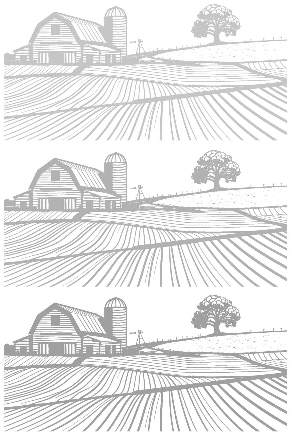 Black and White Hand-Drawn Rural Village Farm – Vector Illustration pinterest preview image.