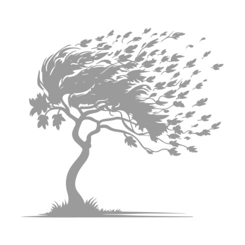 Black and white stylized illustration of a tree being blown by a strong wind cover image.