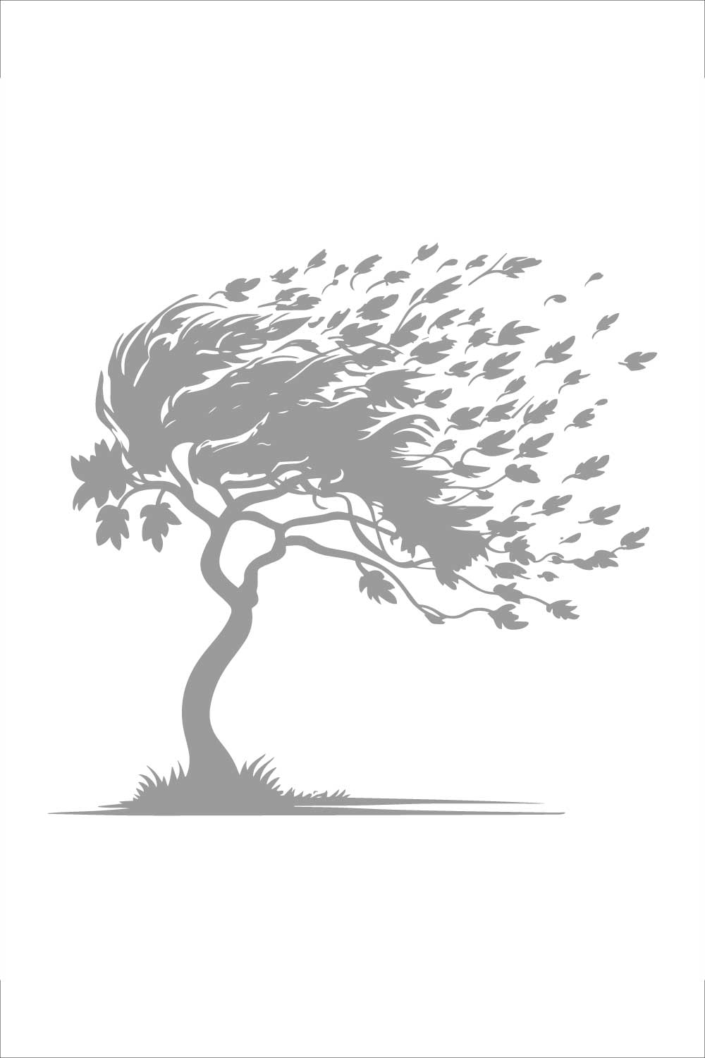 Black and white stylized illustration of a tree being blown by a