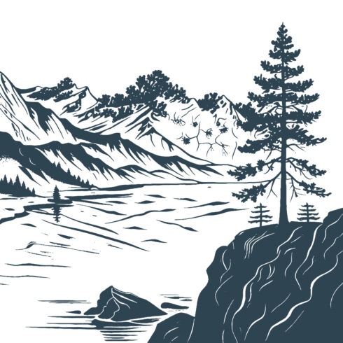 Black and White Hand-Drawn Riverside Mountain – Vector Illustrationtration cover image.
