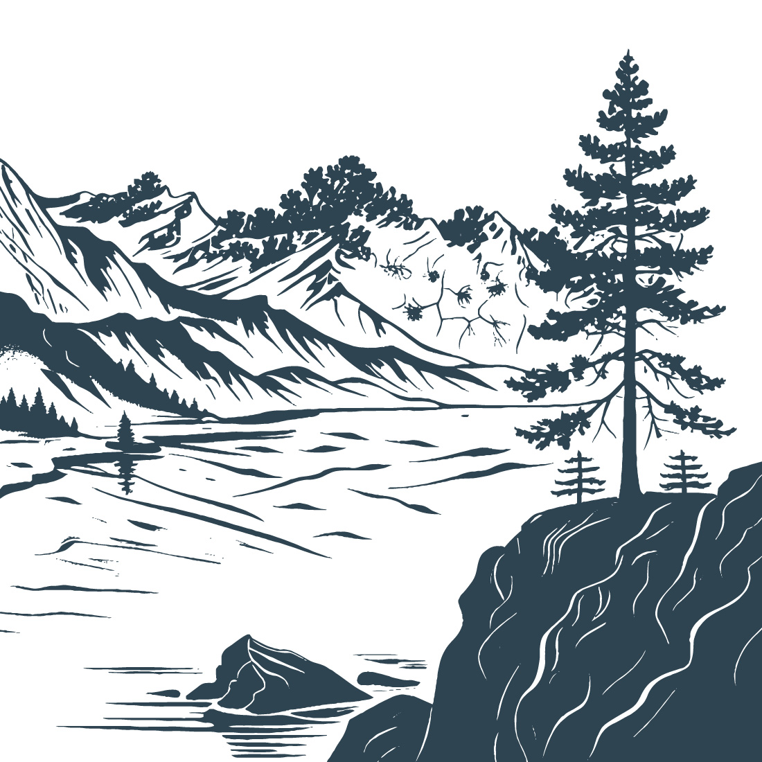 Black and White Hand-Drawn Riverside Mountain – Vector Illustrationtration preview image.