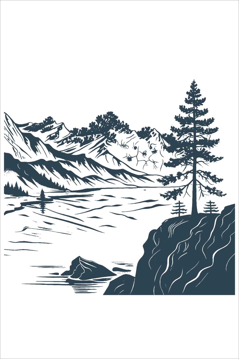 Black and White Hand-Drawn Riverside Mountain – Vector Illustrationtration pinterest preview image.