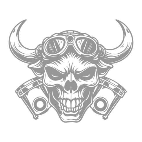 Horned Biker Skull with Goggles and Engine Pistons cover image.