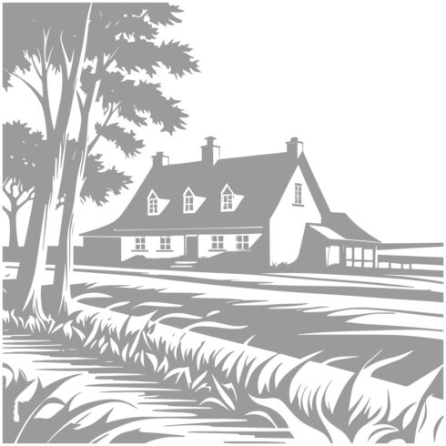 Black and White Vector Illustration of a Rural Farmhouse Scene cover image.