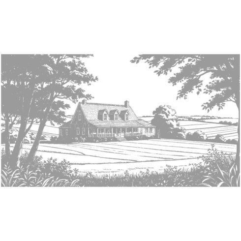Black and White Vector Illustration of a Rural Farmhouse Scene cover image.