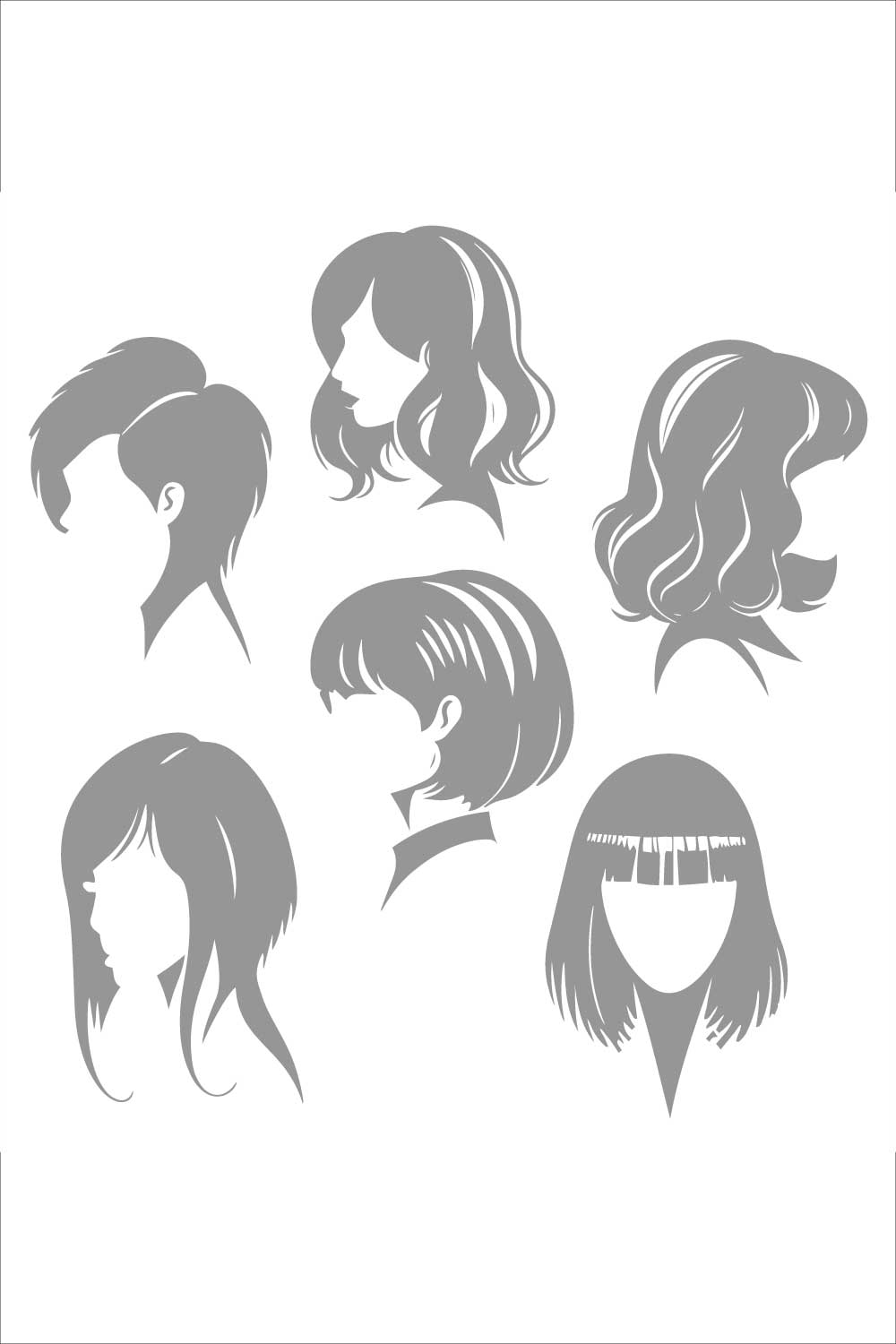 Black and White Design Collection of Stylized Lady Haircuts – Vector Illustration pinterest preview image.