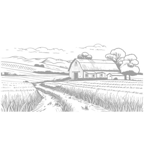 Black and White Hand-Drawn Rural Village Farm – Vector Illustration cover image.