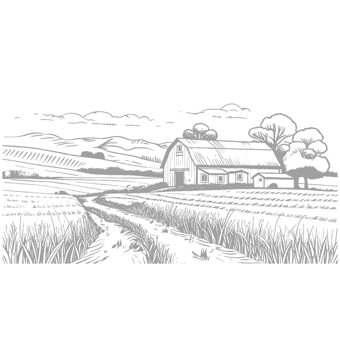 Black and White Hand-Drawn Rural Village Farm – Vector Illustration cover image.