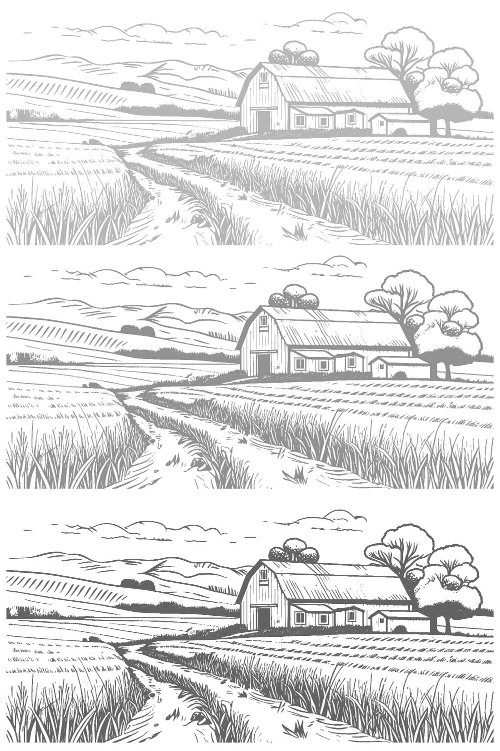 Black and White Hand-Drawn Rural Village Farm – Vector Illustration pinterest preview image.