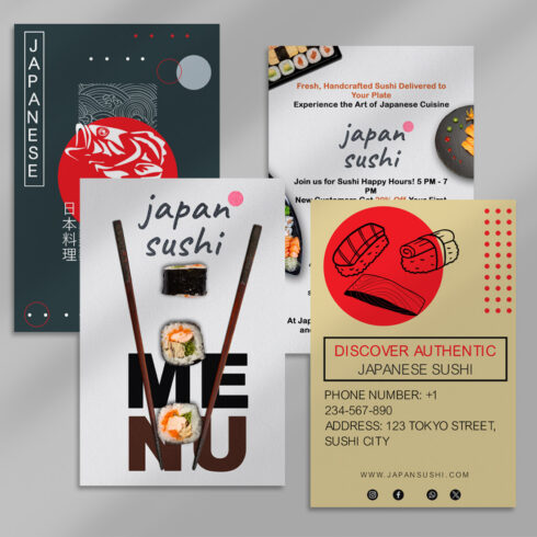 Japanese Sushi Restaurant Flyer & Menu PSD Templates – 4 Unique Designs cover image.