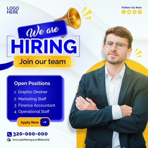 We Are Hiring Job Vacancy Social Media Post Template, Square Banner, Recruitment Flyer , Smile Man cover image.