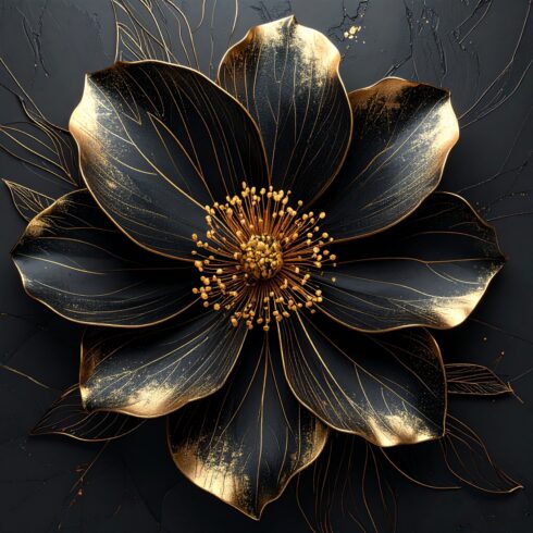 Elegant Black Flower with Gold Accents – Detailed Petal Line Art cover image.